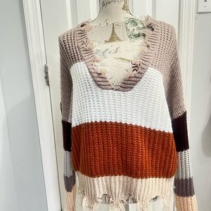 Miracle V-Neck Frayed Sweater in Brown, White, and Orange